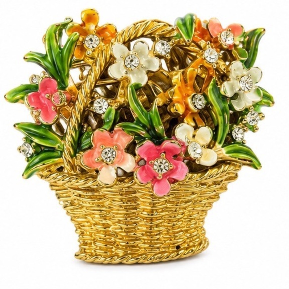 My Fair Lady Vintage Enamel Flower Basket Brooch Gold Tone Rhinestone Boquet Pin